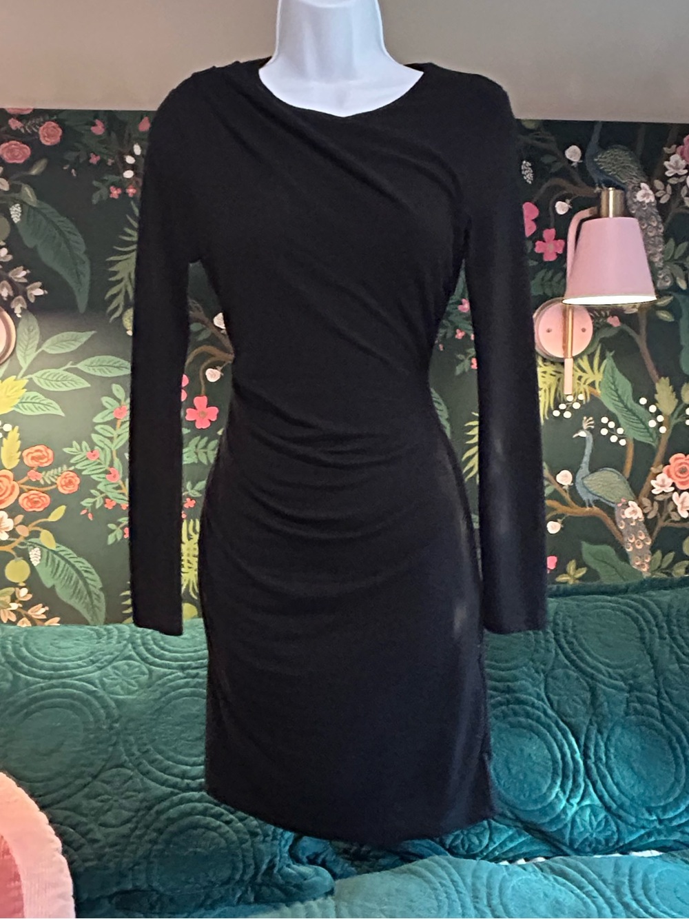 Banana Republic Black Long Sleeve Asymmetric Ruched Drape Neck Sheath Dress